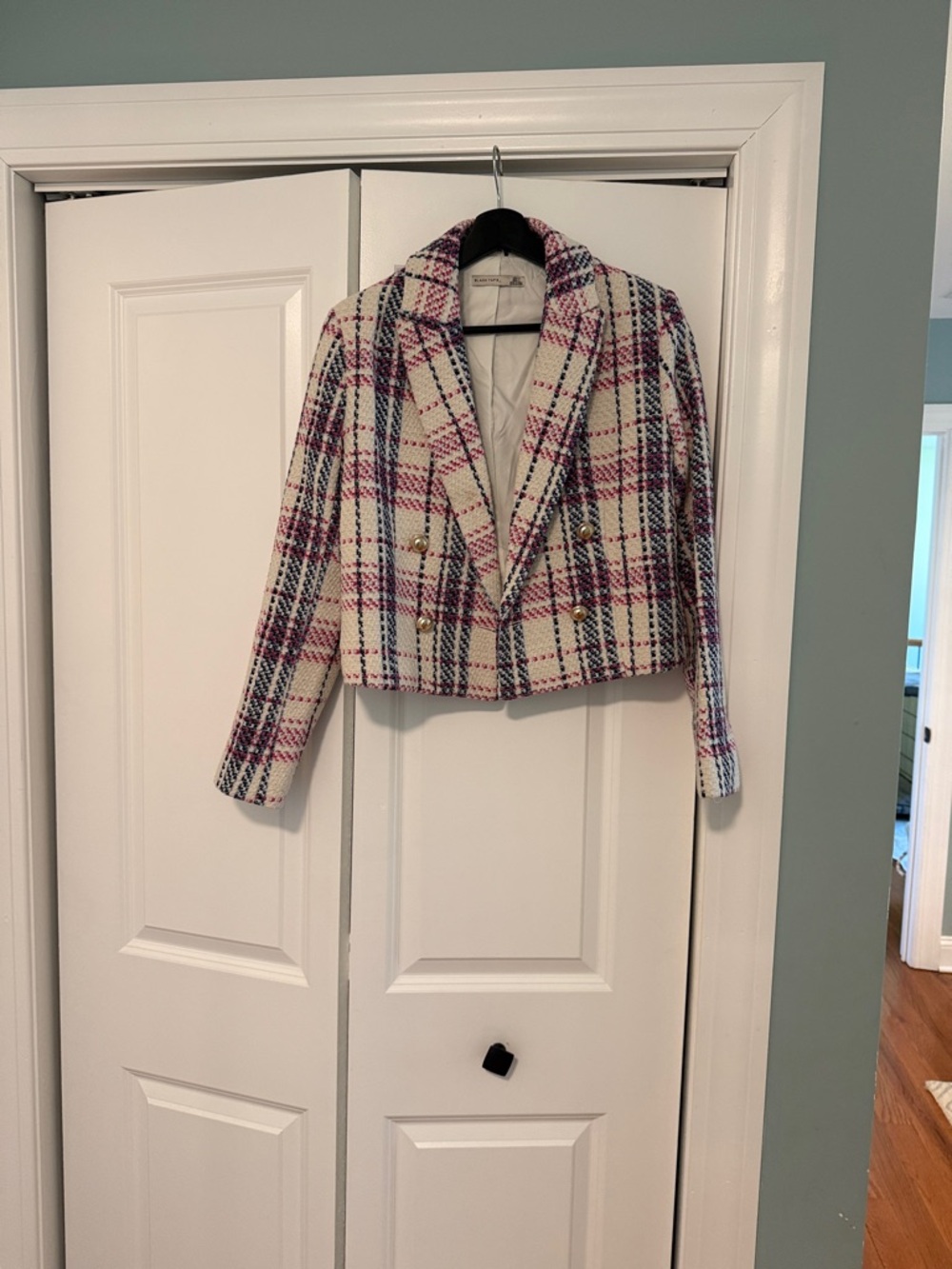 Womens Plaid Cropped Double-Breasted Jacket - White/Purple/Pink